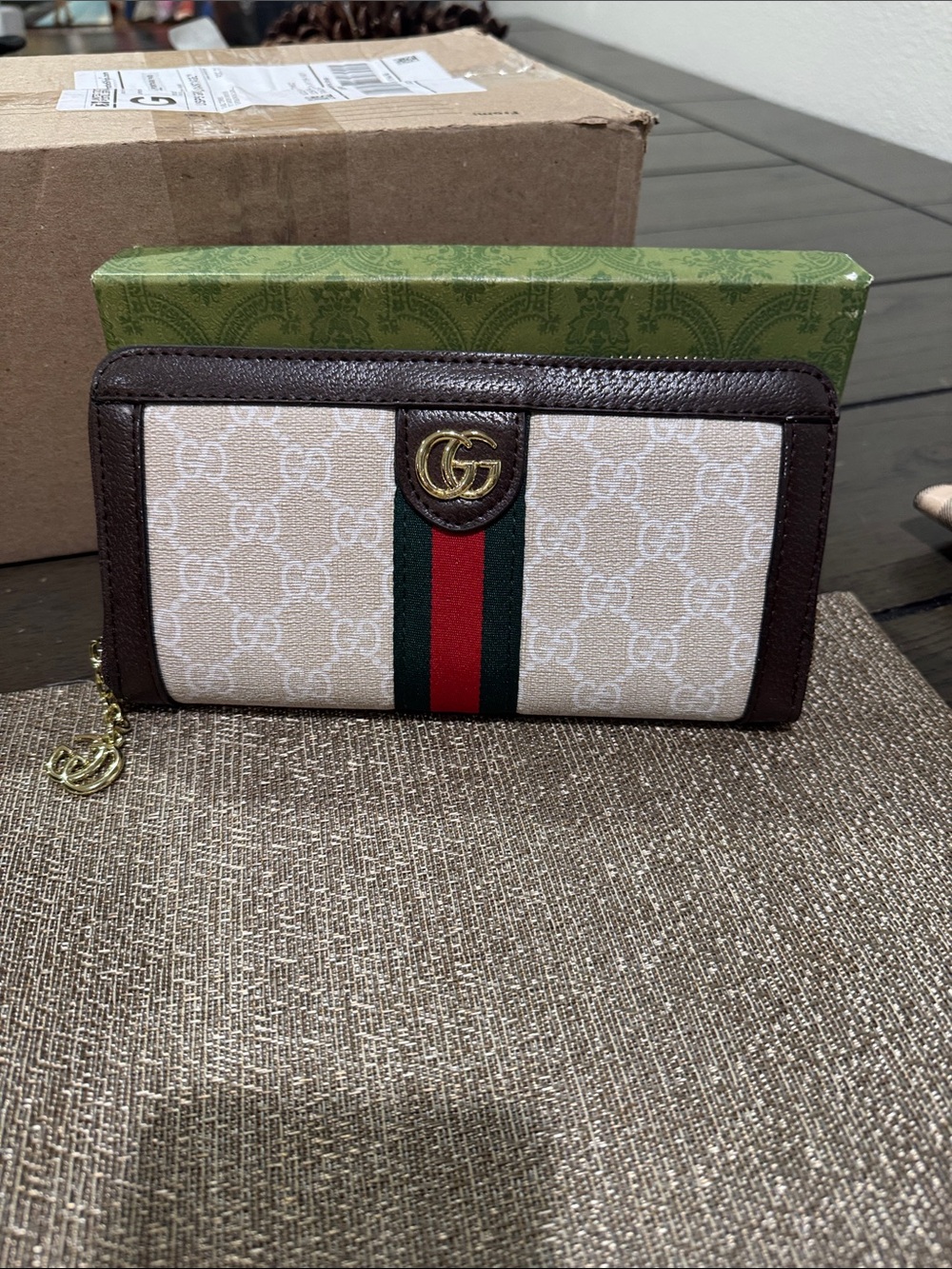 Beige GG Canvas Wallet with Brown Trim and Green-Red Web